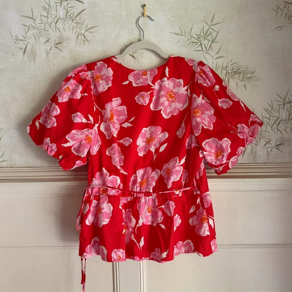 Old Navy Floral Puff Sleeve Cotton Wrap Top Peplum Blouse Red Pink XL Dopamine